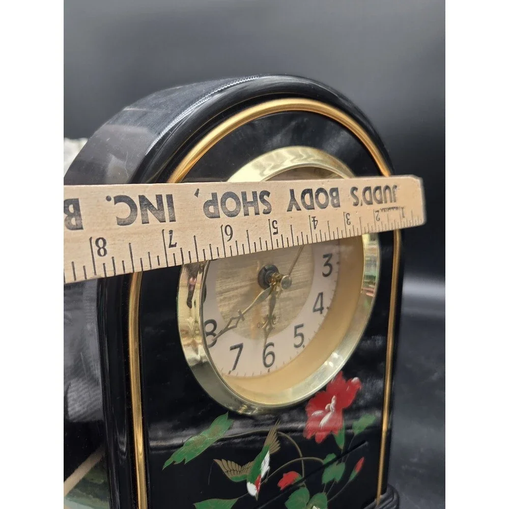 Vintage Yamanaka Quartz Mantel Clock Tabletop Black Red Hummingbird Flower
